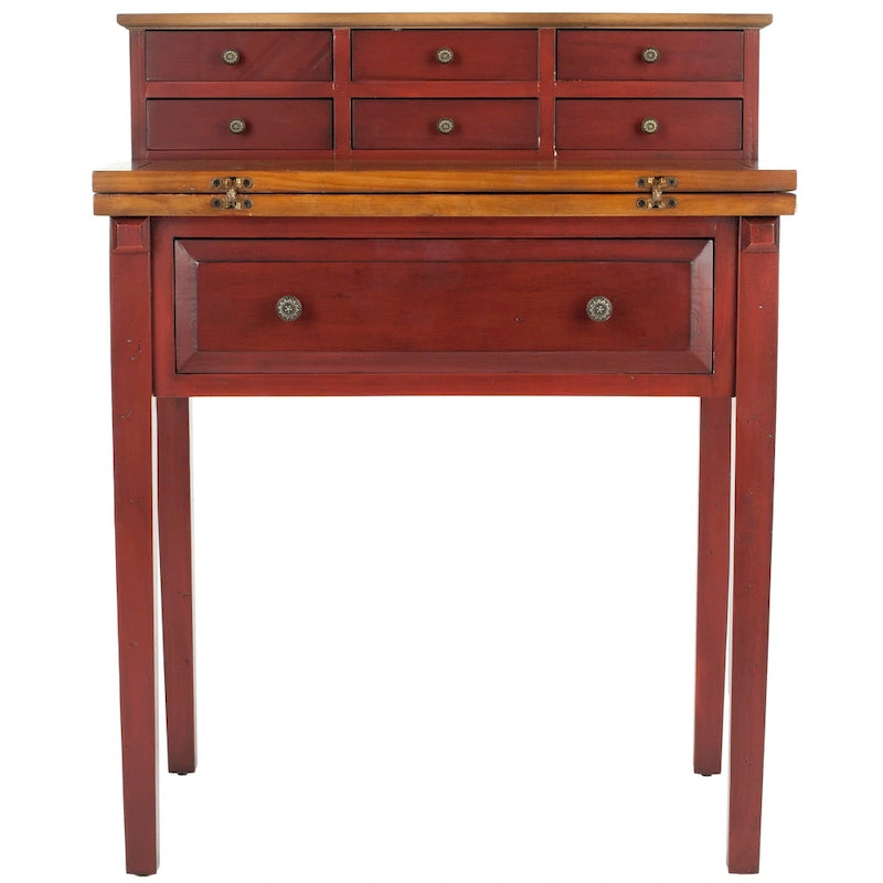 7-Drawer Fold Down Writing Desk with Hutch, Black Distressed Wood