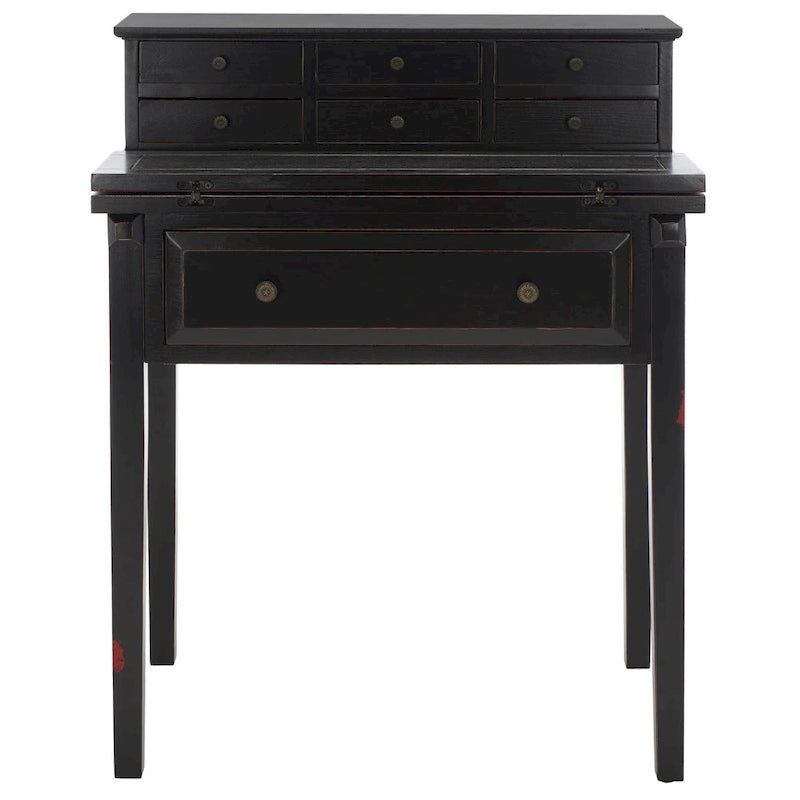 7-Drawer Fold Down Writing Desk with Hutch, Black Distressed Wood