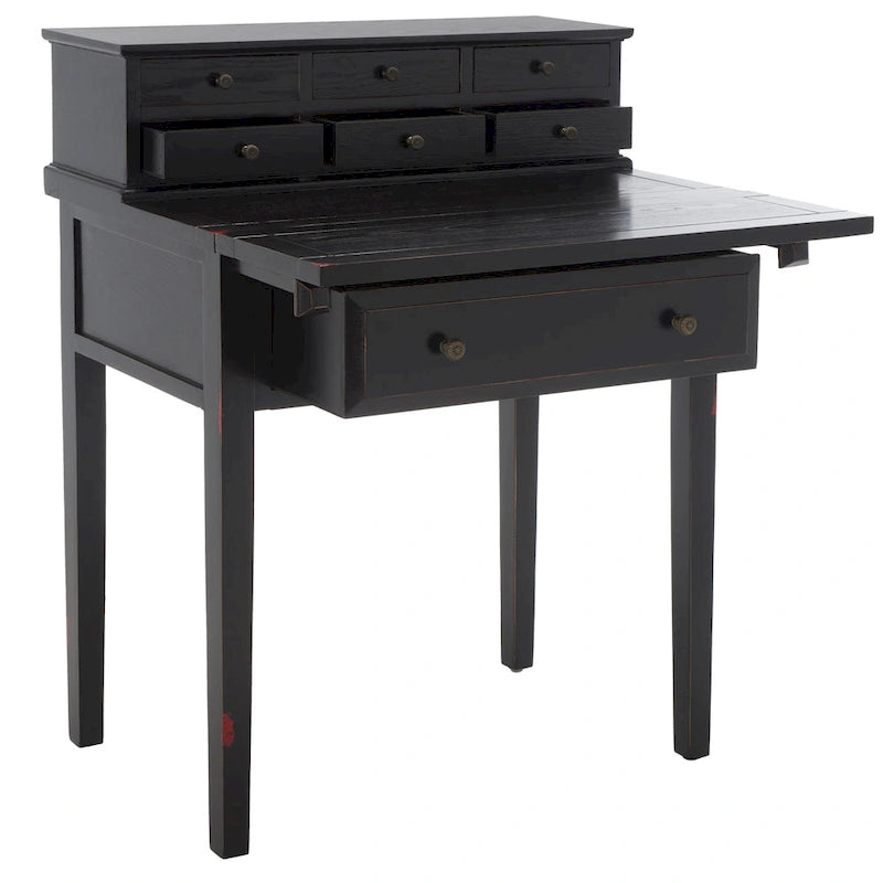 7-Drawer Fold Down Writing Desk with Hutch, Black Distressed Wood