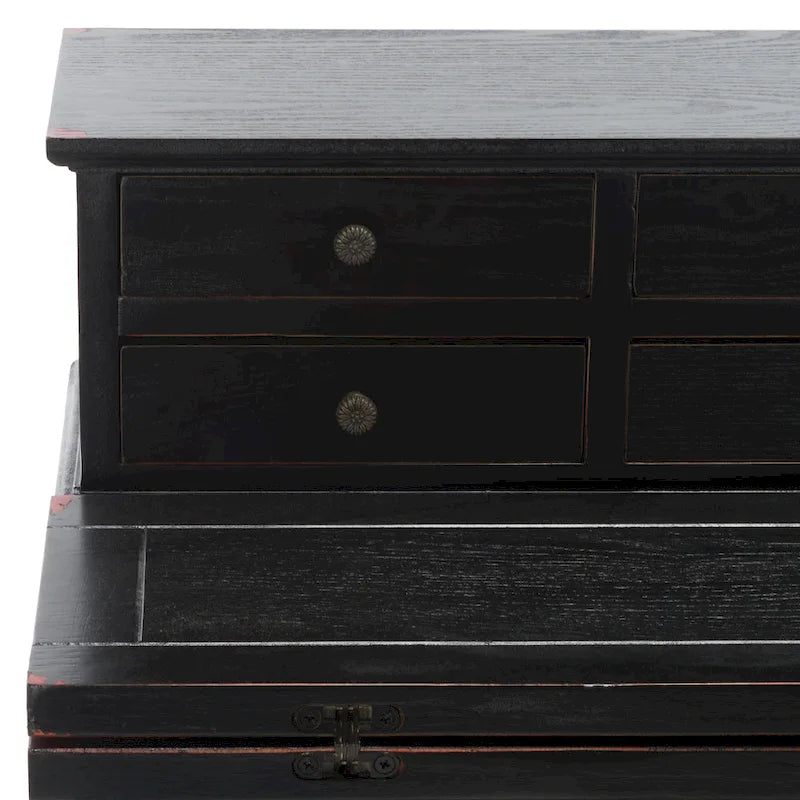 7-Drawer Fold Down Writing Desk with Hutch, Black Distressed Wood