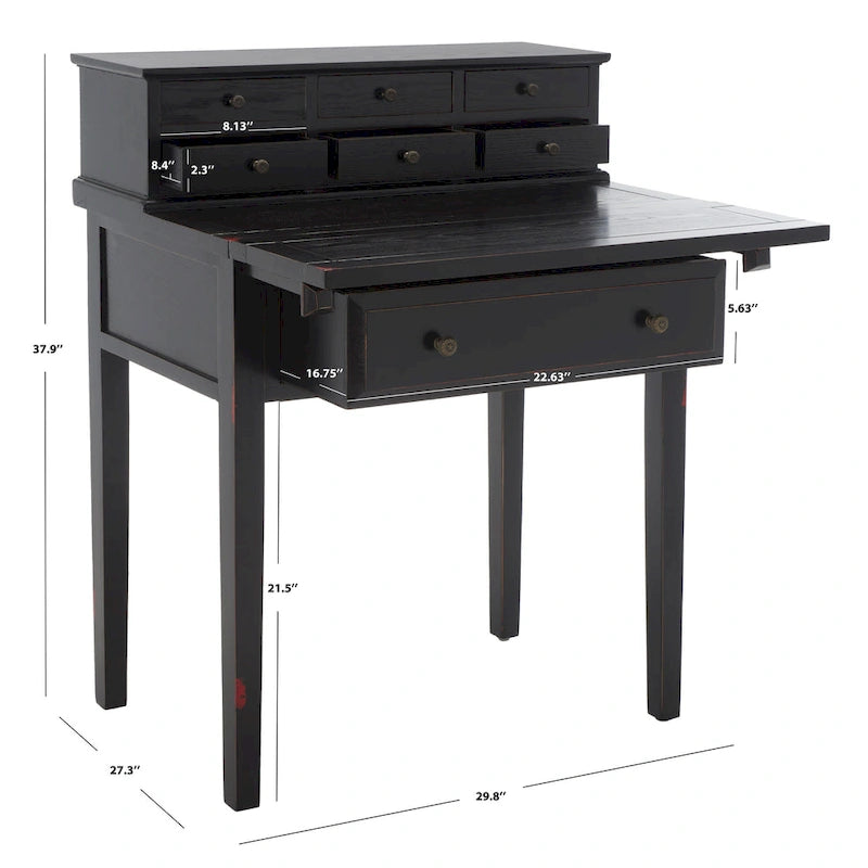7-Drawer Fold Down Writing Desk with Hutch, Black Distressed Wood