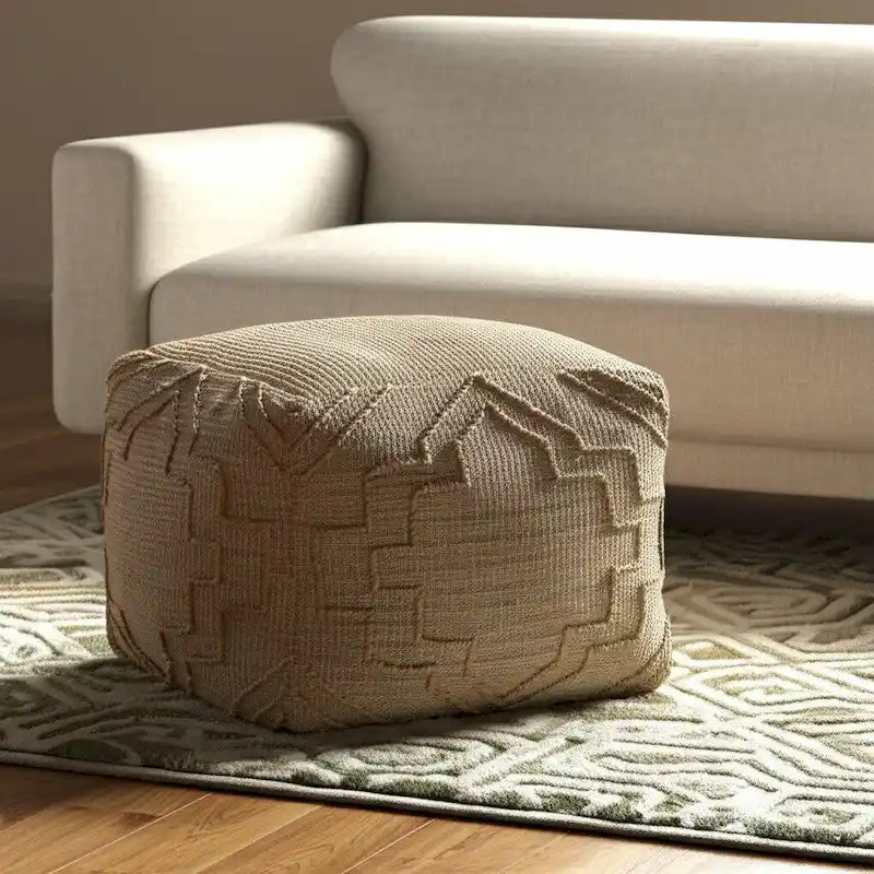 Natural Jute Blend Cube Quatrefoil Pouf Ottoman Bohemian Natural