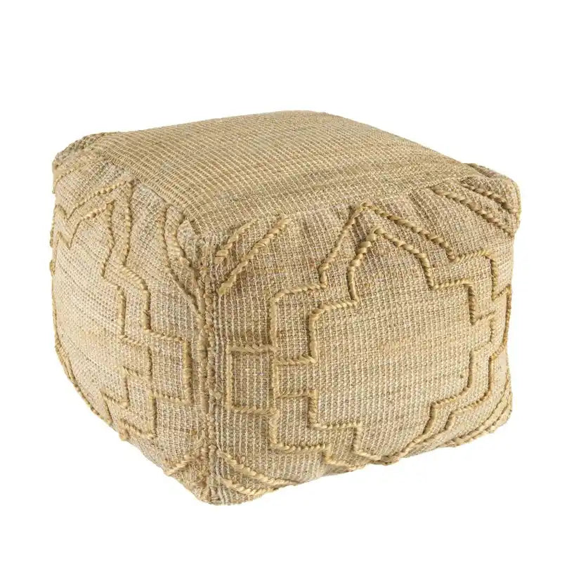 Natural Jute Blend Cube Quatrefoil Pouf Ottoman Bohemian Natural