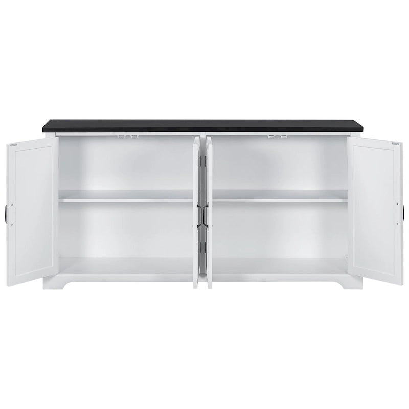 Farmhouse Solid Pine Wood Sideboard Buffet Cabinet with Four Doors and Metal Handles, White and Black