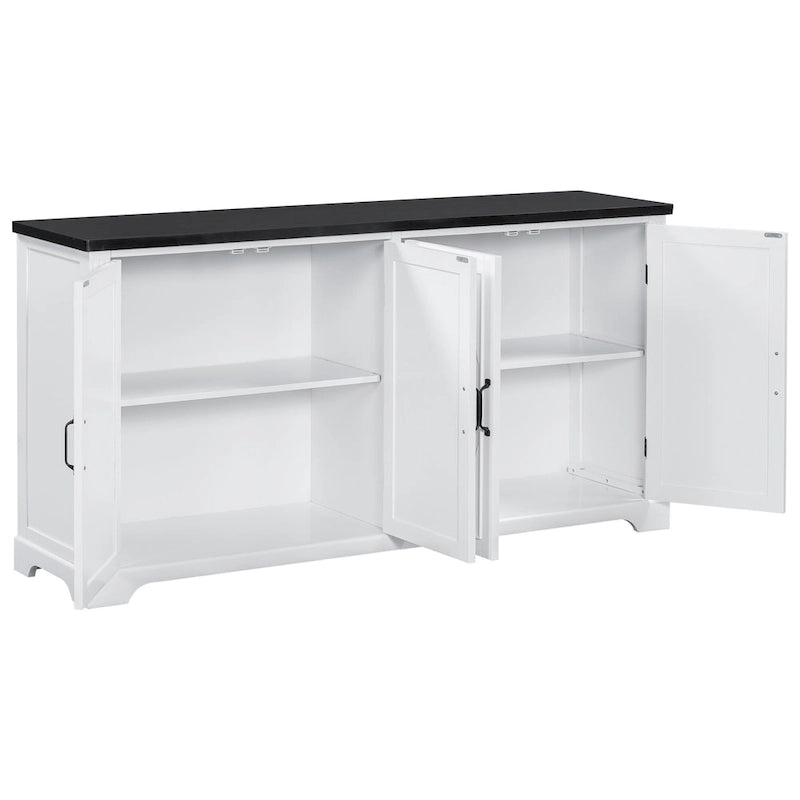 Farmhouse Solid Pine Wood Sideboard Buffet Cabinet with Four Doors and Metal Handles, White and Black