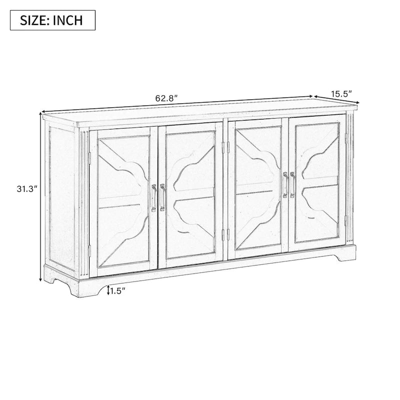 Farmhouse Solid Pine Wood Sideboard Buffet Cabinet with Four Doors and Metal Handles, White and Black