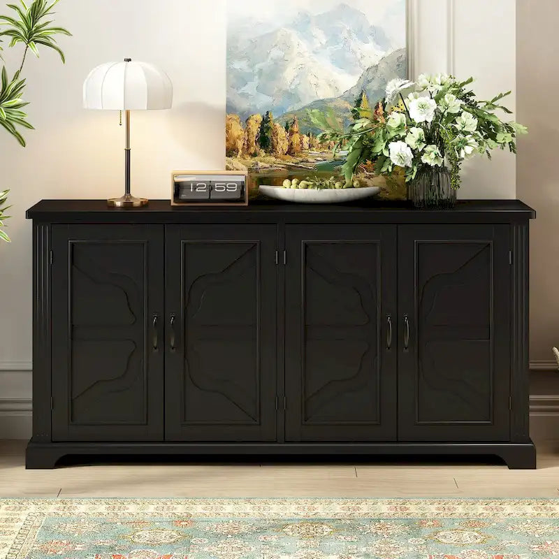 Farmhouse Solid Pine Wood Sideboard Buffet Cabinet with Four Doors and Metal Handles, White and Black