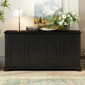 Farmhouse Solid Pine Wood Sideboard Buffet Cabinet with Four Doors and Metal Handles, White and Black