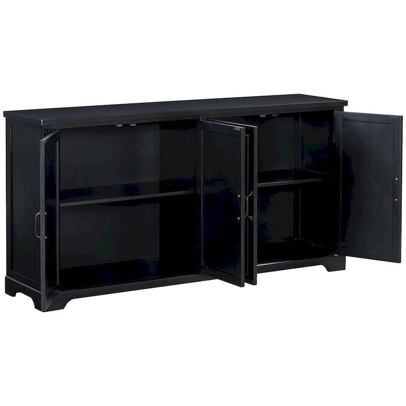 Farmhouse Solid Pine Wood Sideboard Buffet Cabinet with Four Doors and Metal Handles, White and Black