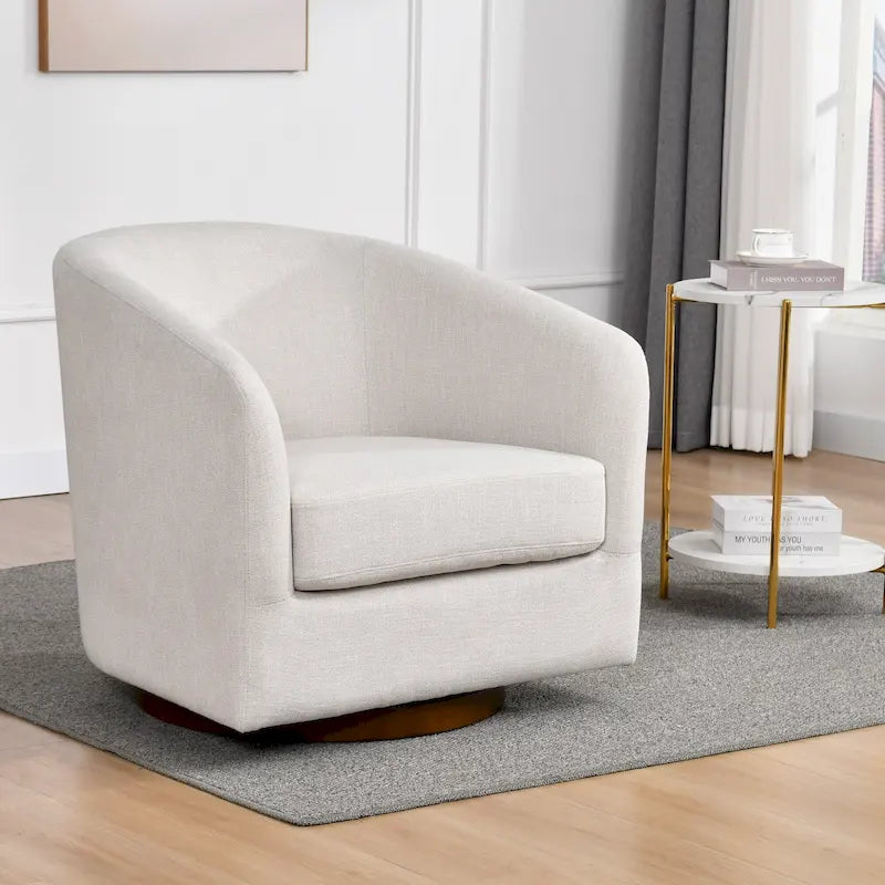 Cream Linen Swivel Barrel Accent Chair with Round Wooden Base