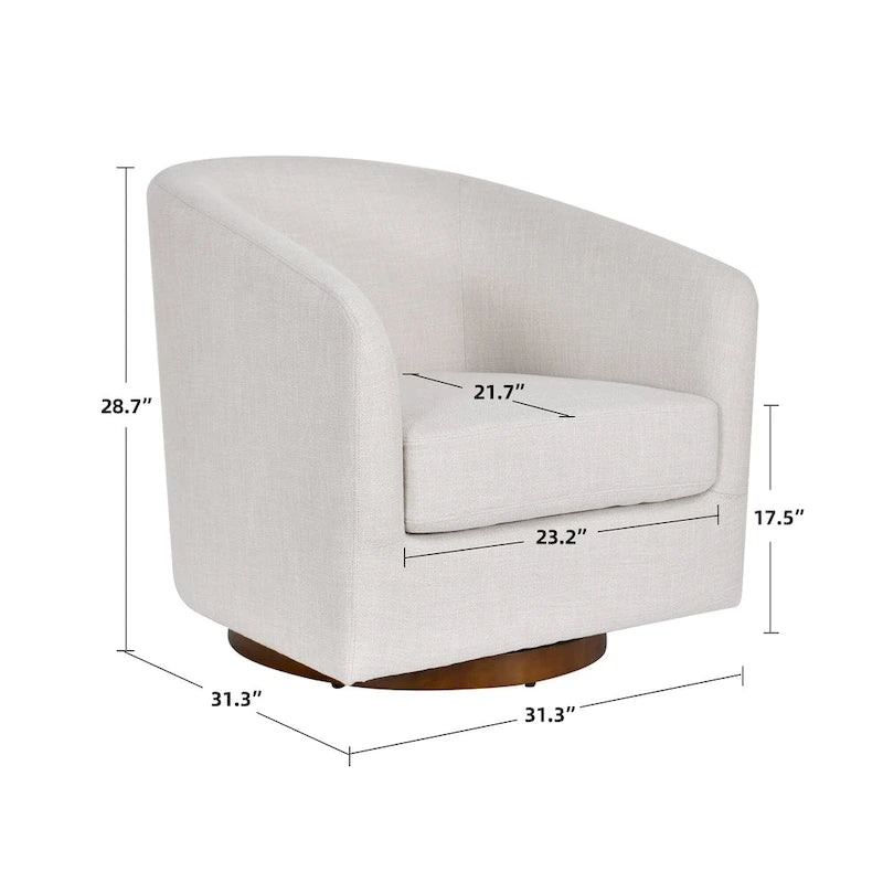 Cream Linen Swivel Barrel Accent Chair with Round Wooden Base