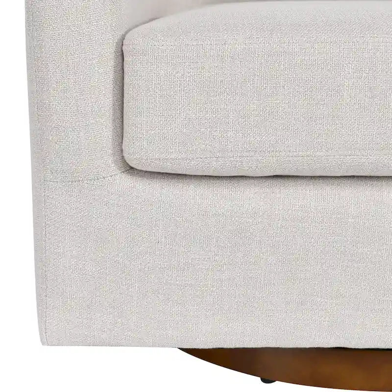 Cream Linen Swivel Barrel Accent Chair with Round Wooden Base