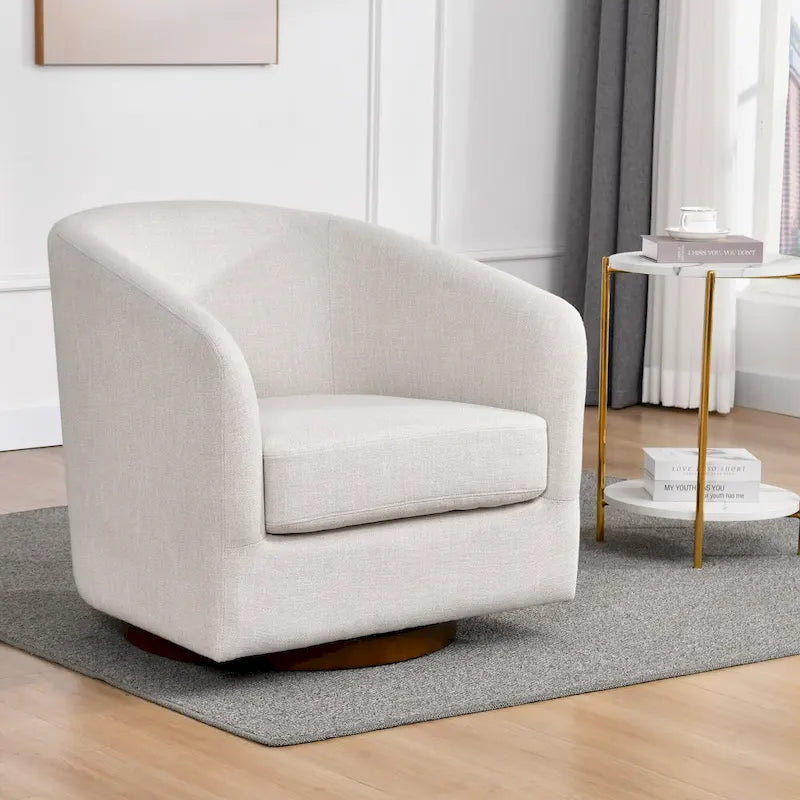 Cream Linen Swivel Barrel Accent Chair with Round Wooden Base