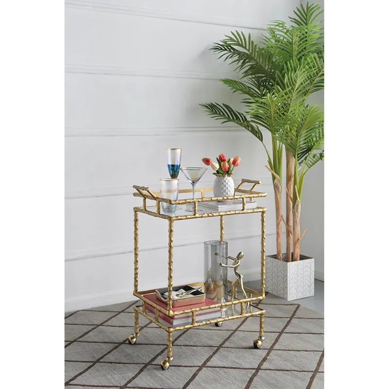 Two-Tiered Twig Branch Style Rolling Bar Cart Gold Glass Shelves