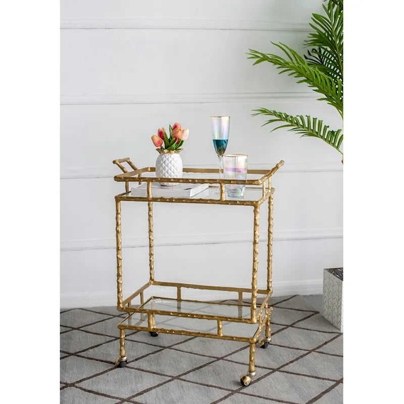 Two-Tiered Twig Branch Style Rolling Bar Cart Gold Glass Shelves