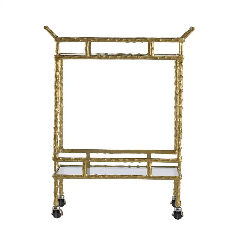 Two-Tiered Twig Branch Style Rolling Bar Cart Gold Glass Shelves