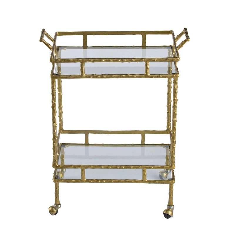 Two-Tiered Twig Branch Style Rolling Bar Cart Gold Glass Shelves
