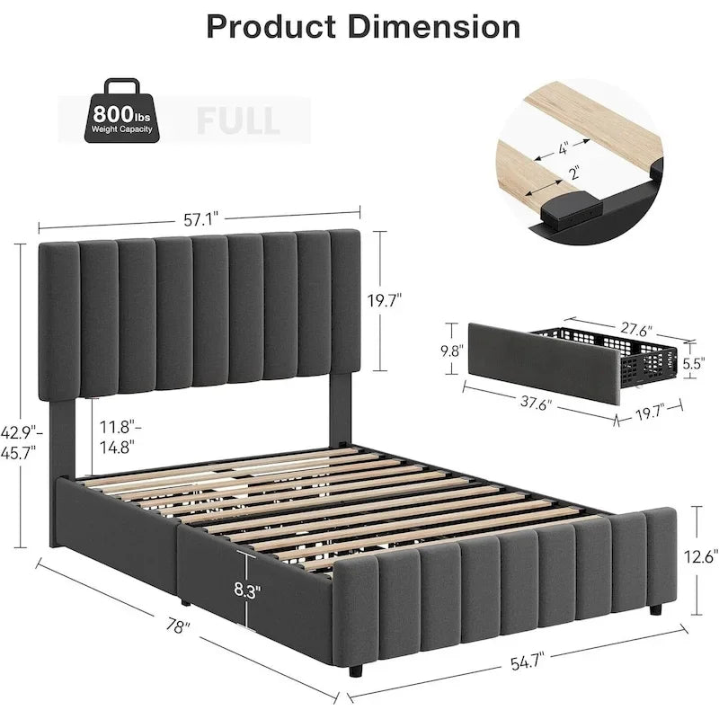 Upholstered Platform Bed Frame with 4 Storage Drawers and Adjustable Channeled Headboard