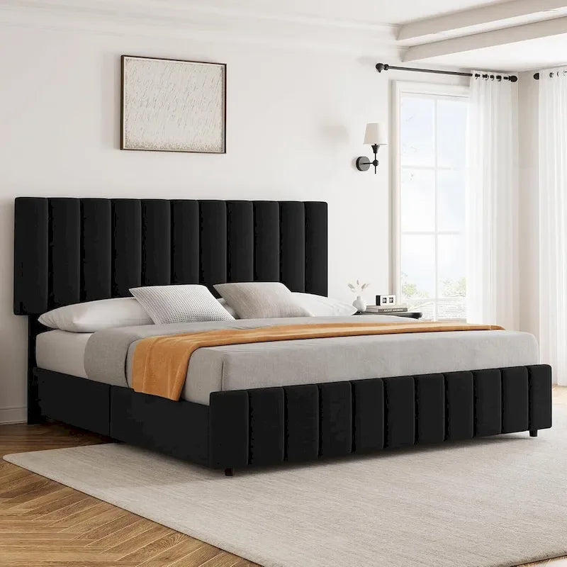 Upholstered Platform Bed Frame with 4 Storage Drawers and Adjustable Channeled Headboard