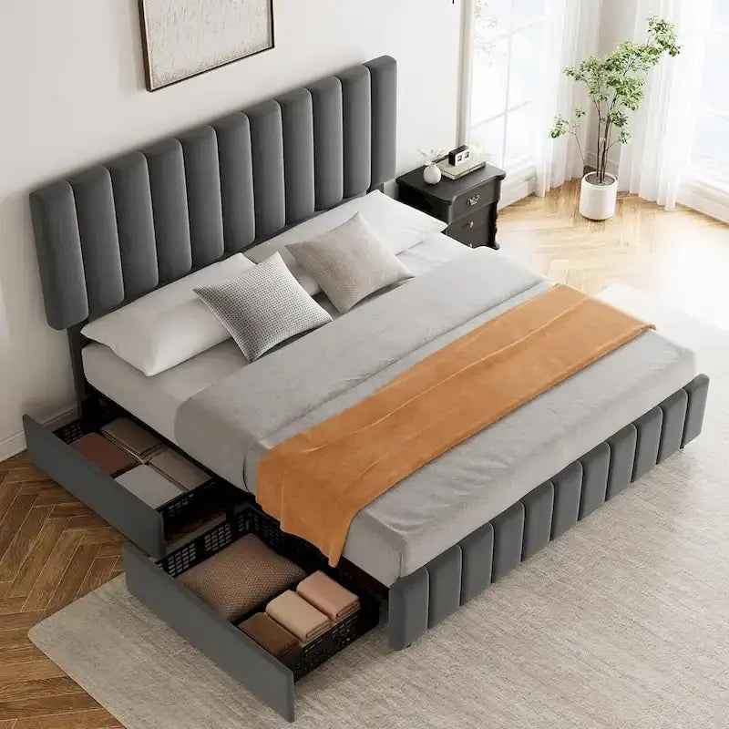 Upholstered Platform Bed Frame with 4 Storage Drawers and Adjustable Channeled Headboard