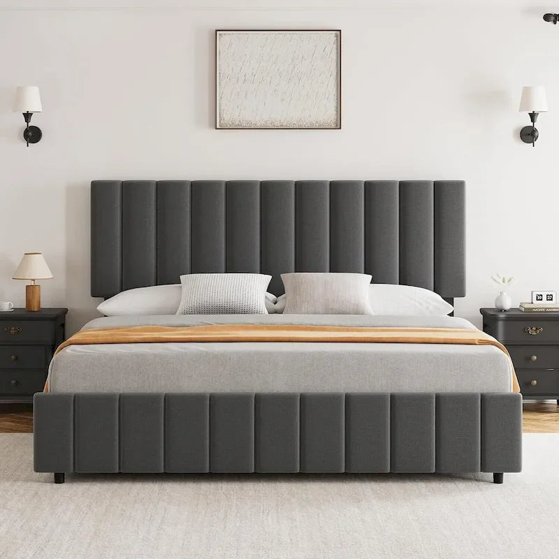 Upholstered Platform Bed Frame with 4 Storage Drawers and Adjustable Channeled Headboard