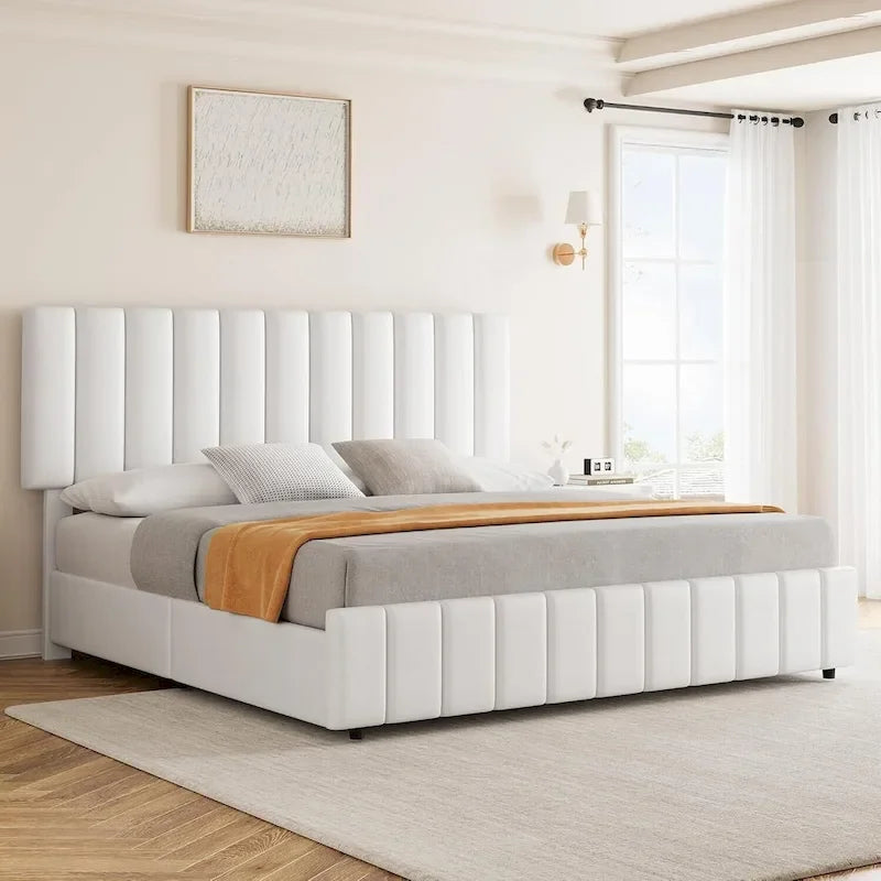 Upholstered Platform Bed Frame with 4 Storage Drawers and Adjustable Channeled Headboard