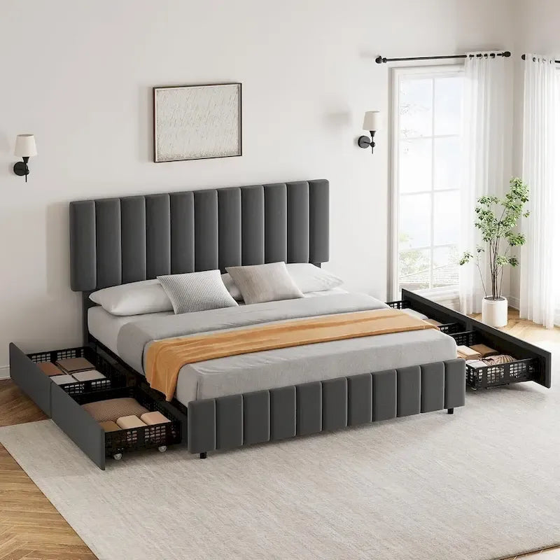 Upholstered Platform Bed Frame with 4 Storage Drawers and Adjustable Channeled Headboard