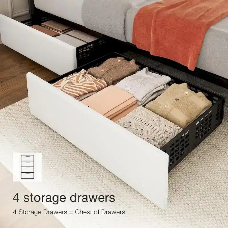 Upholstered Platform Bed Frame with 4 Storage Drawers and Adjustable Channeled Headboard
