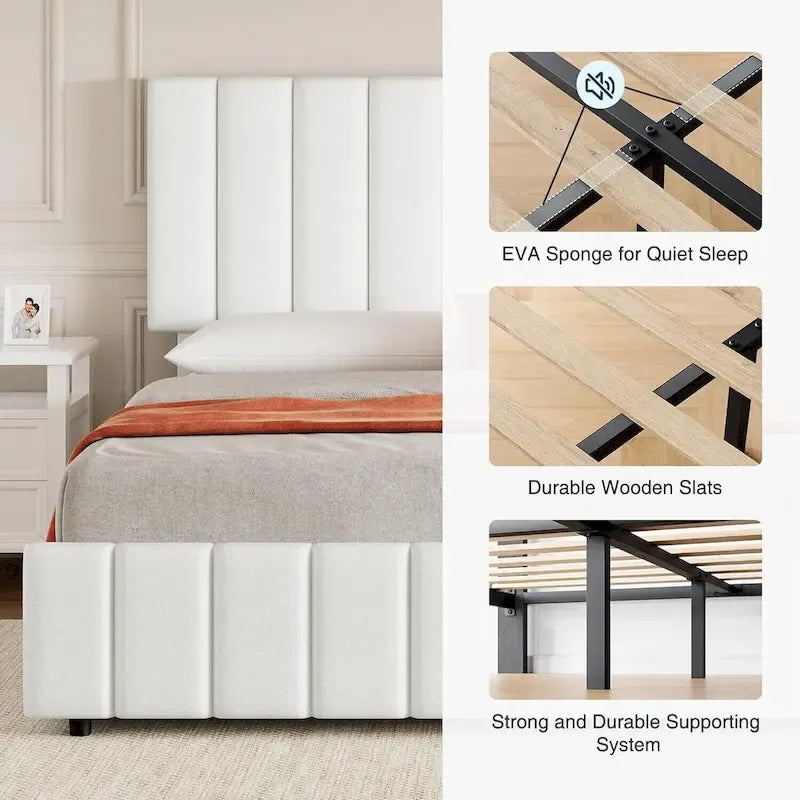 Upholstered Platform Bed Frame with 4 Storage Drawers and Adjustable Channeled Headboard