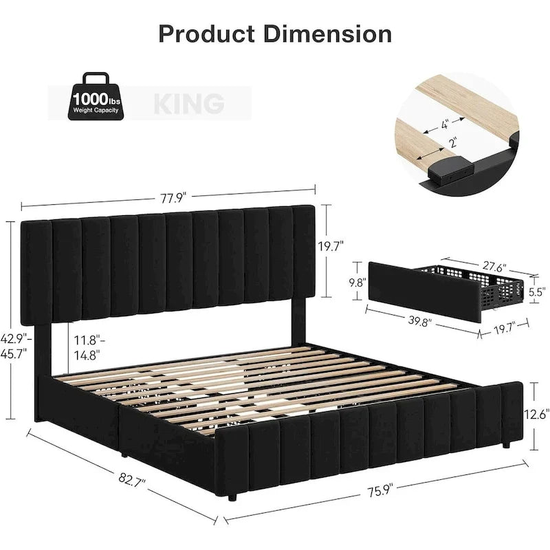 Upholstered Platform Bed Frame with 4 Storage Drawers and Adjustable Channeled Headboard