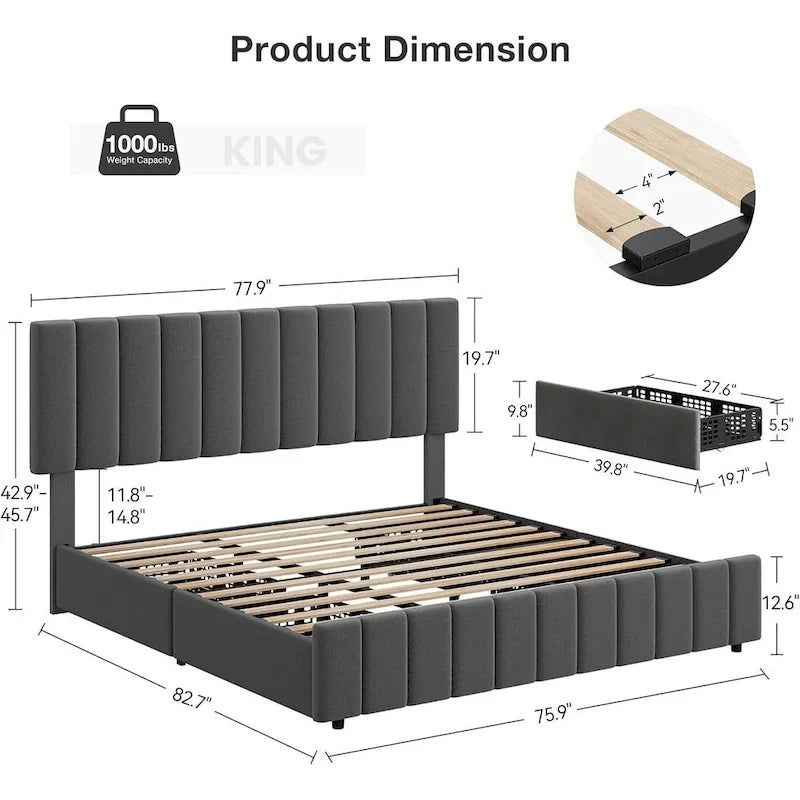 Upholstered Platform Bed Frame with 4 Storage Drawers and Adjustable Channeled Headboard