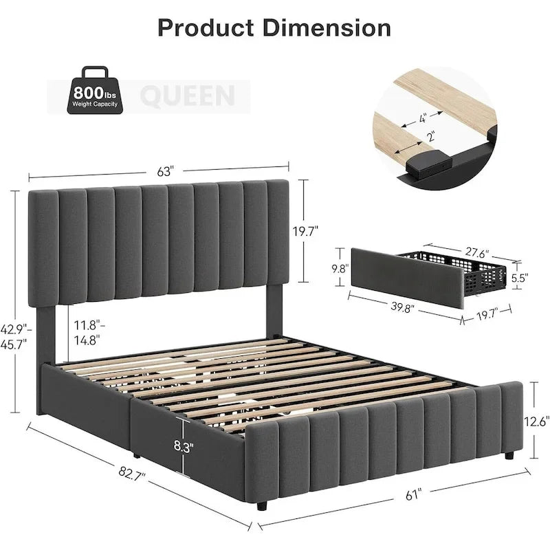Upholstered Platform Bed Frame with 4 Storage Drawers and Adjustable Channeled Headboard