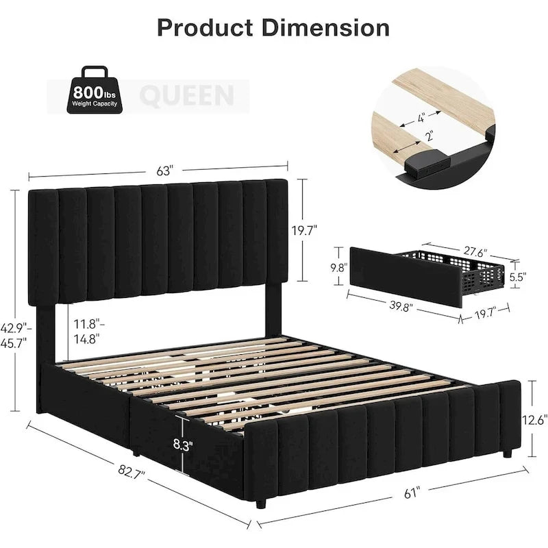 Upholstered Platform Bed Frame with 4 Storage Drawers and Adjustable Channeled Headboard