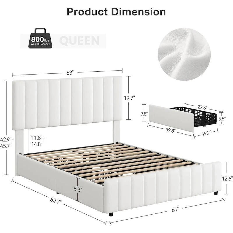 Upholstered Platform Bed Frame with 4 Storage Drawers and Adjustable Channeled Headboard