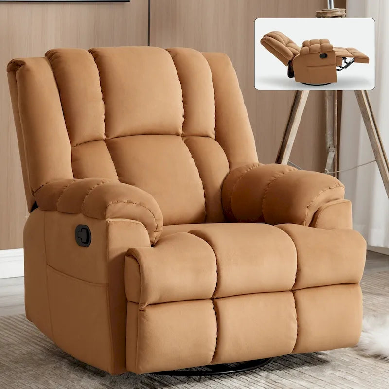 Oversized Swivel Rocker Recliner Chair Beige Fabric Pillow Top Arms Cushion Back Manual