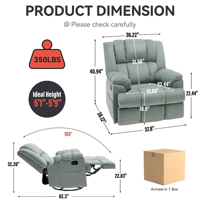 Oversized Swivel Rocker Recliner Chair Beige Fabric Pillow Top Arms Cushion Back Manual