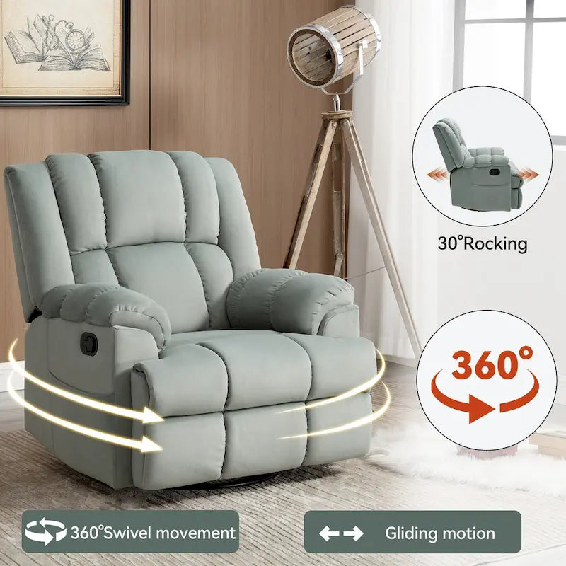 Oversized Swivel Rocker Recliner Chair Beige Fabric Pillow Top Arms Cushion Back Manual