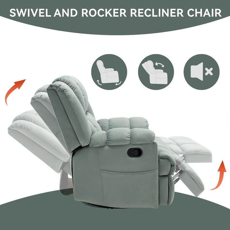 Oversized Swivel Rocker Recliner Chair Beige Fabric Pillow Top Arms Cushion Back Manual