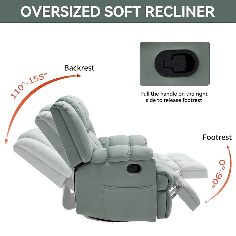 Oversized Swivel Rocker Recliner Chair Beige Fabric Pillow Top Arms Cushion Back Manual