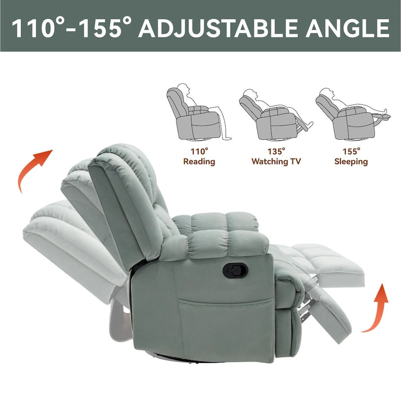 Oversized Swivel Rocker Recliner Chair Beige Fabric Pillow Top Arms Cushion Back Manual