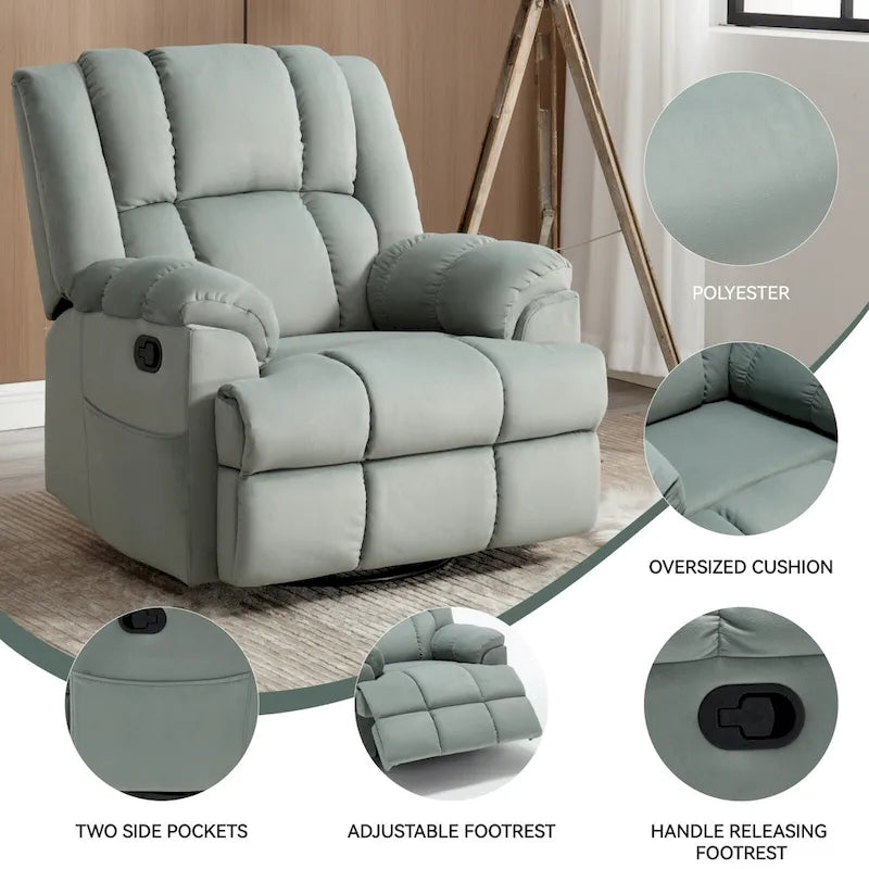 Oversized Swivel Rocker Recliner Chair Beige Fabric Pillow Top Arms Cushion Back Manual