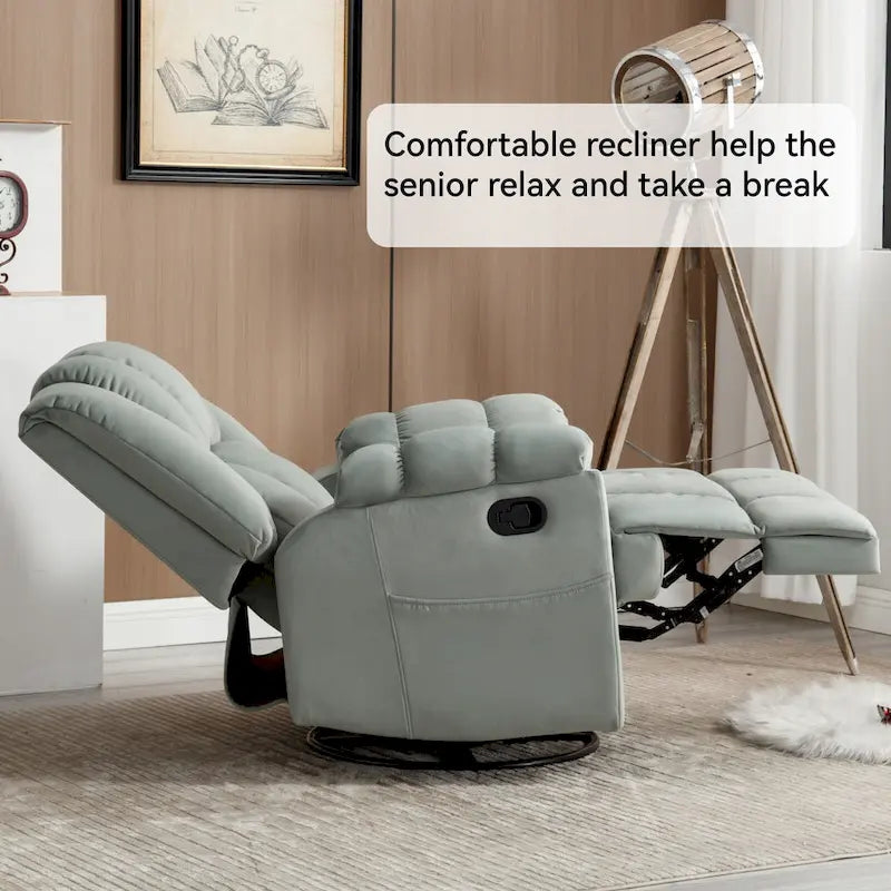Oversized Swivel Rocker Recliner Chair Beige Fabric Pillow Top Arms Cushion Back Manual