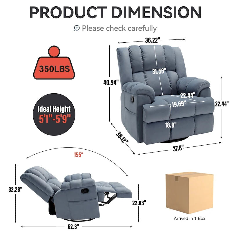Oversized Swivel Rocker Recliner Chair Beige Fabric Pillow Top Arms Cushion Back Manual
