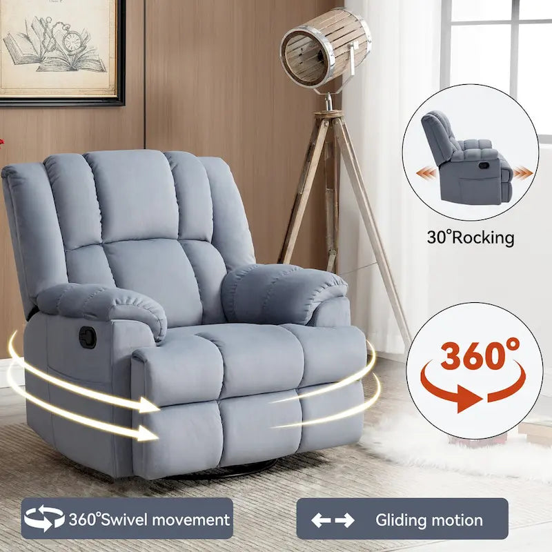 Oversized Swivel Rocker Recliner Chair Beige Fabric Pillow Top Arms Cushion Back Manual