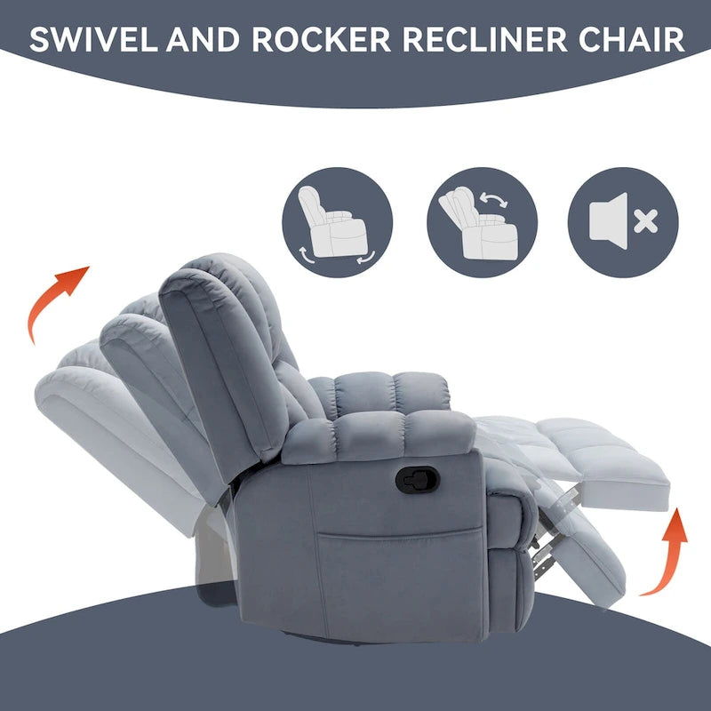 Oversized Swivel Rocker Recliner Chair Beige Fabric Pillow Top Arms Cushion Back Manual