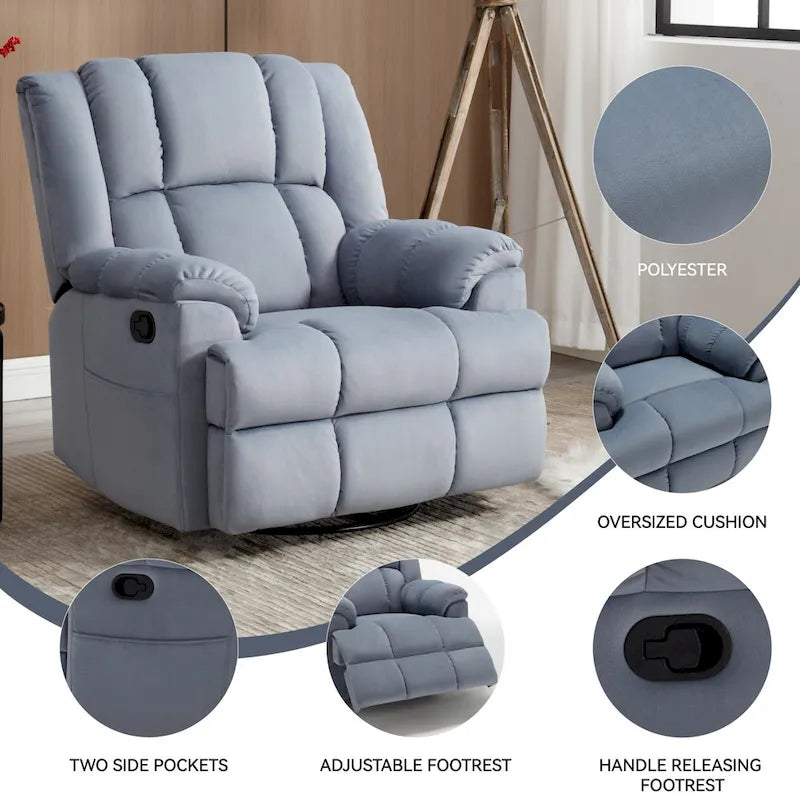 Oversized Swivel Rocker Recliner Chair Beige Fabric Pillow Top Arms Cushion Back Manual