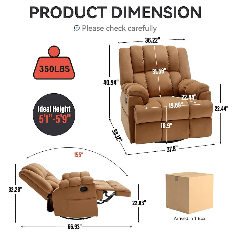 Oversized Swivel Rocker Recliner Chair Beige Fabric Pillow Top Arms Cushion Back Manual
