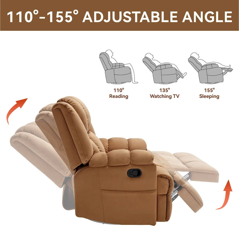 Oversized Swivel Rocker Recliner Chair Beige Fabric Pillow Top Arms Cushion Back Manual
