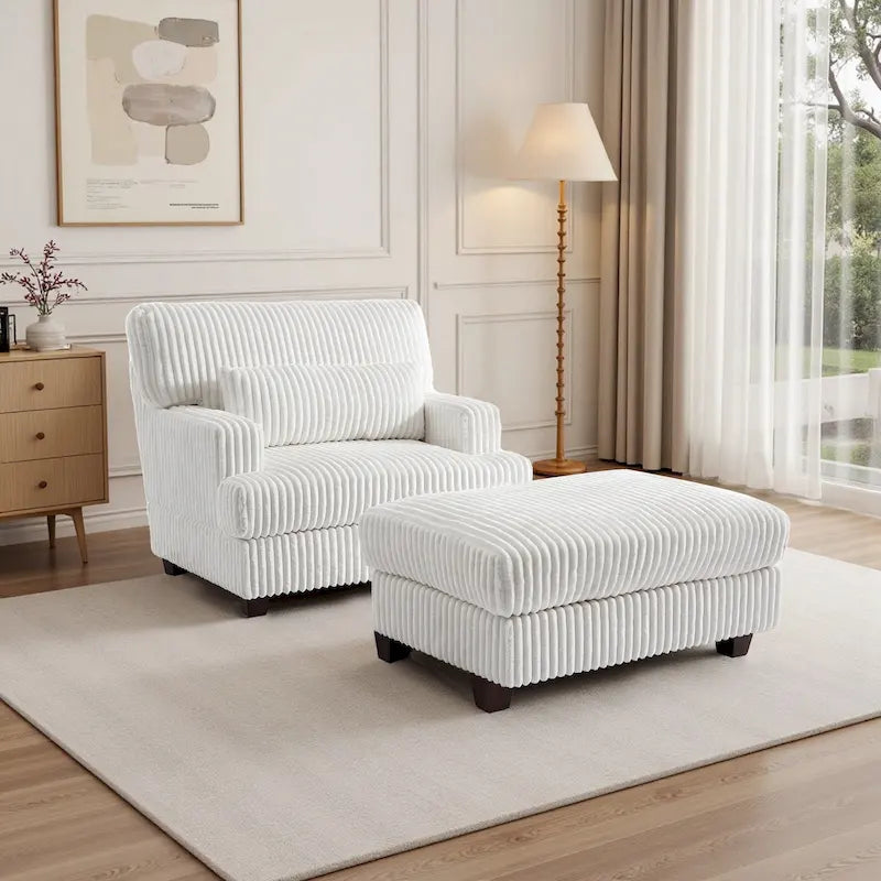 Fauteuil d'appoint en velours côtelé à larges côtes, assise rembourrée, pieds en bois