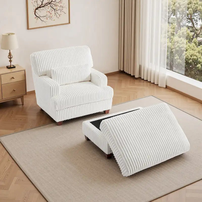 Wide Ribbed Corduroy Upholstered Accent Armchair Cushioned Seat Wooden Legs